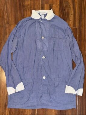 Vintage Dior Blue Pinstripe Pyjama Shirt with White Collar